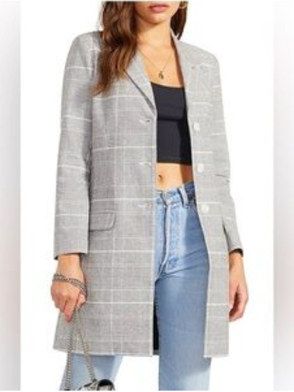 BB Dakota by Steve Madden Light Gray Plaid Longline Blazer